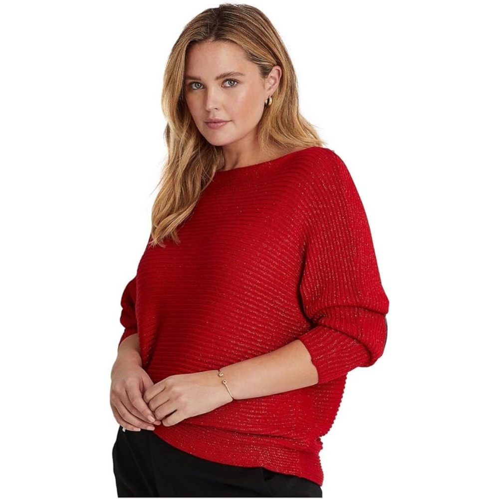 NWT New Lauren Ralph Lauren Red Metallic Ribbed Long Sleeve Sweater Size XL